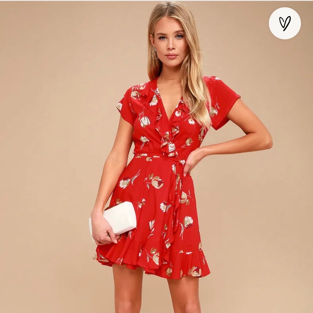 KIVARI Romance Red Floral Print Wrap Dress, XS